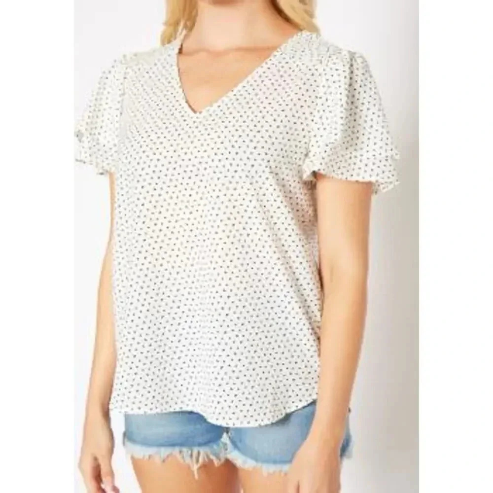 PLEIONE V-Neck Double Ruffle With Smocking Shoulder Top - Picture 2 of 5